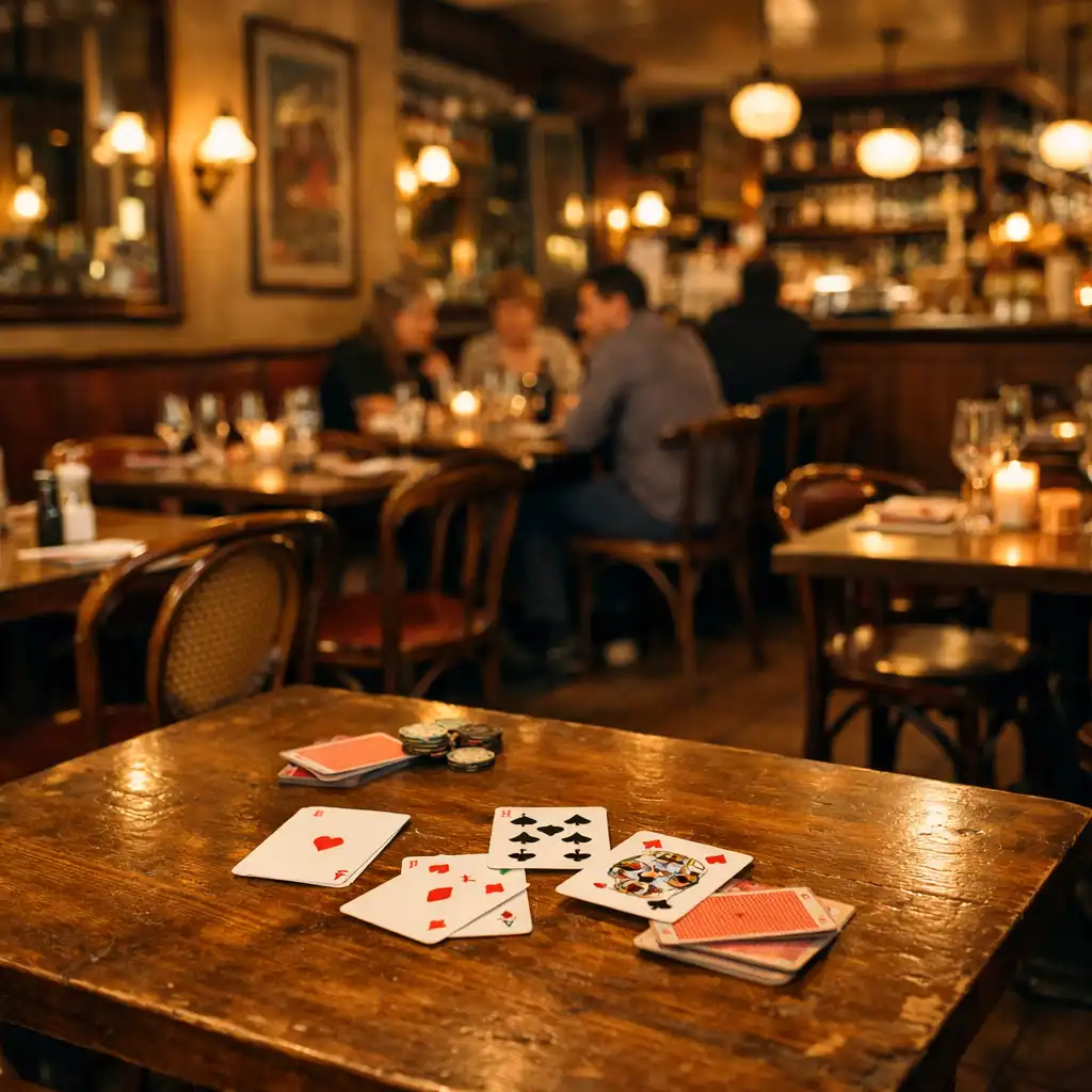 Salle chaleureuse du restaurant Cercle Monceau avec une table dressée et des cartes à jouer posées négligemment