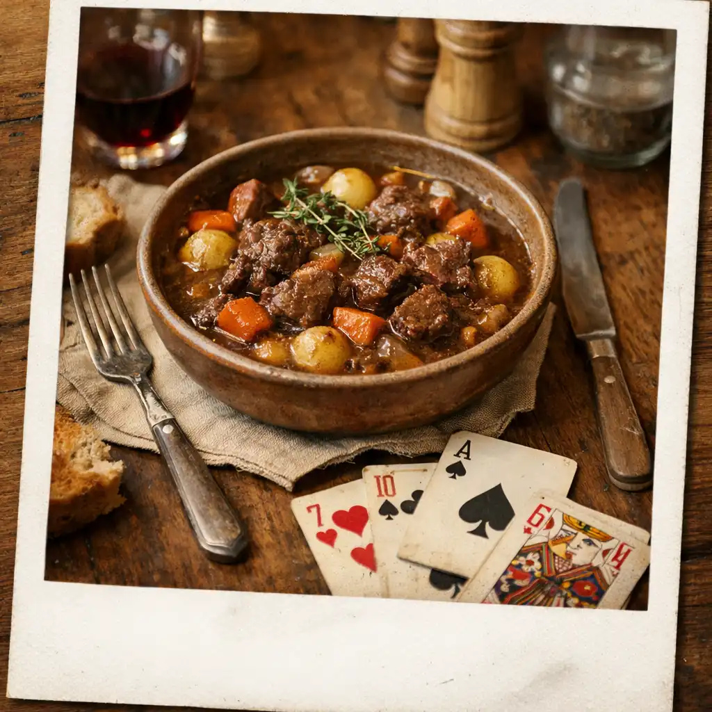 Gros plan sur une table de restaurant avec plat mijoté et cartes à jouer