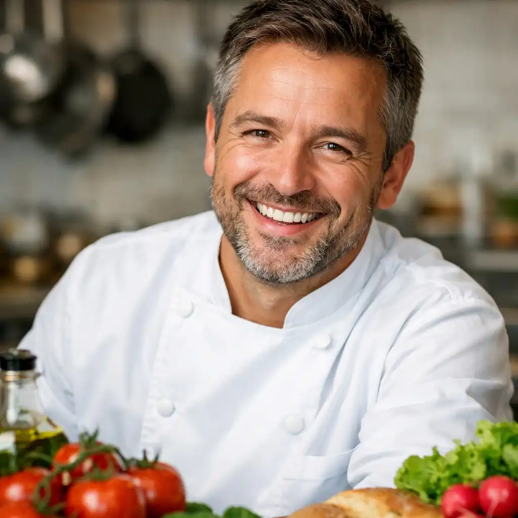 Portrait du chef cuisinier souriant dans sa cuisine