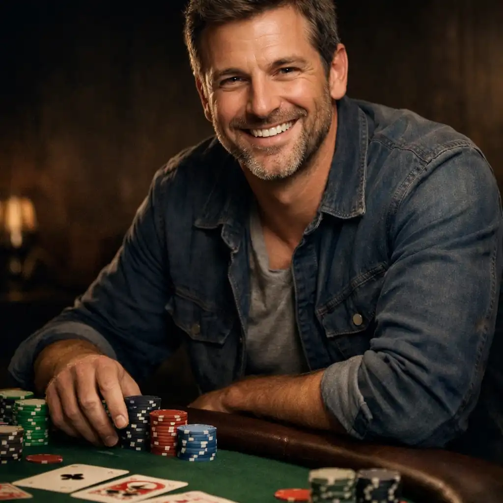 Portrait du maître de cérémonie poker souriant près d'une table de jeu