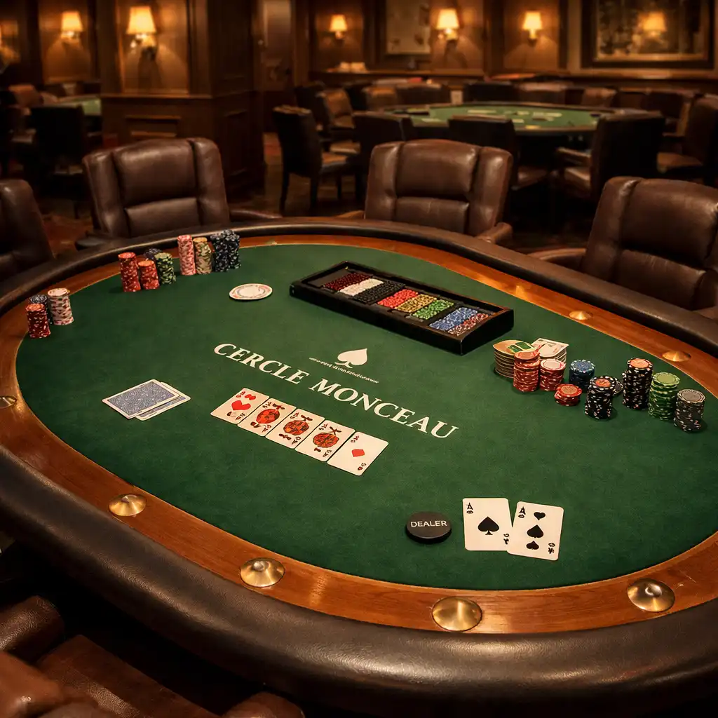 Vue du salon poker avec table de jeu professionnelle, jetons et cartes