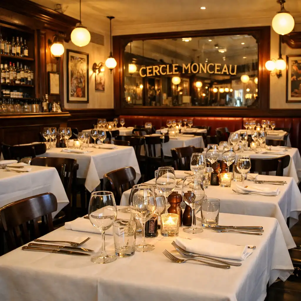 Vue de la salle de restaurant avec tables dressées et décoration bistrot