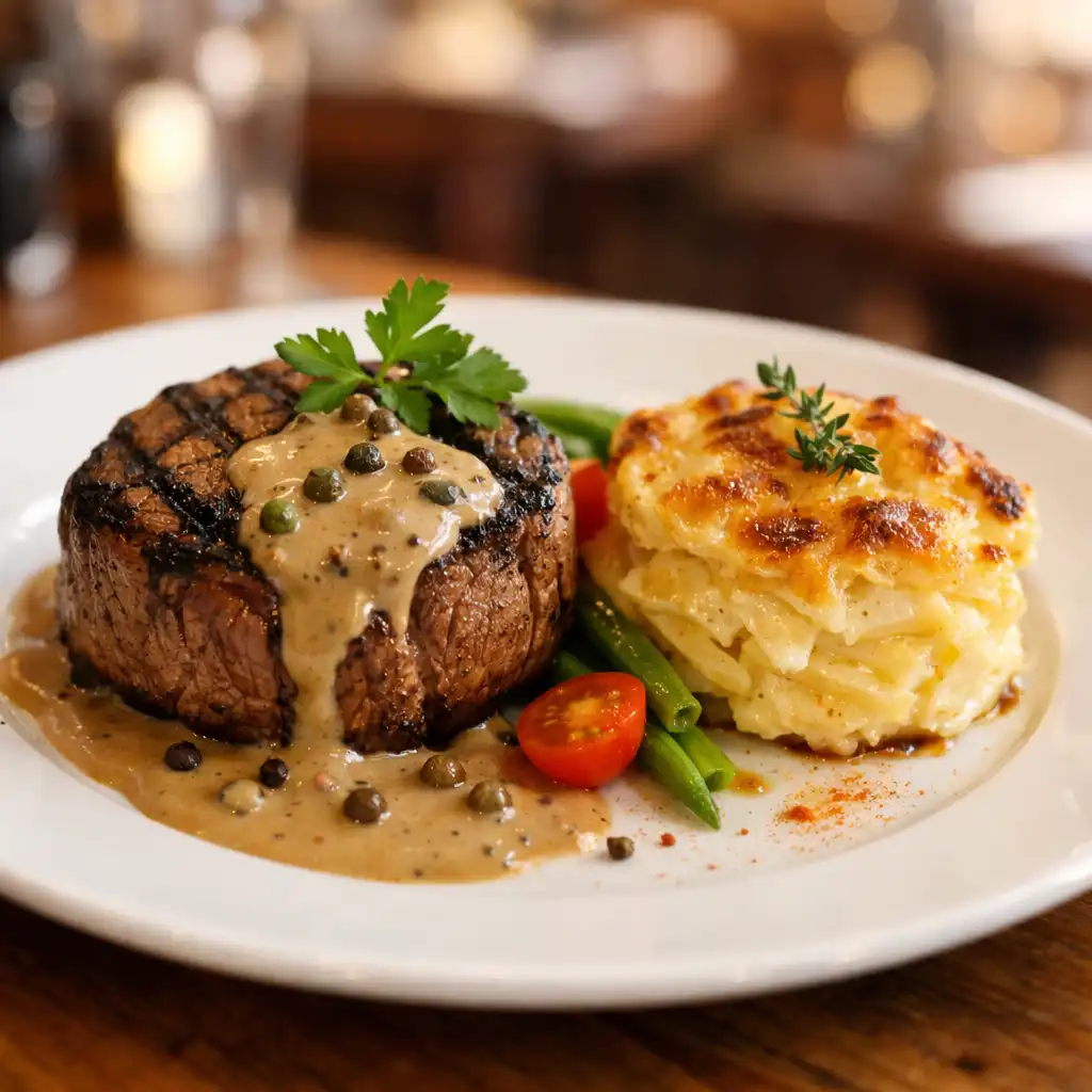 Filet de bœuf grillé avec sauce au poivre et gratin dauphinois