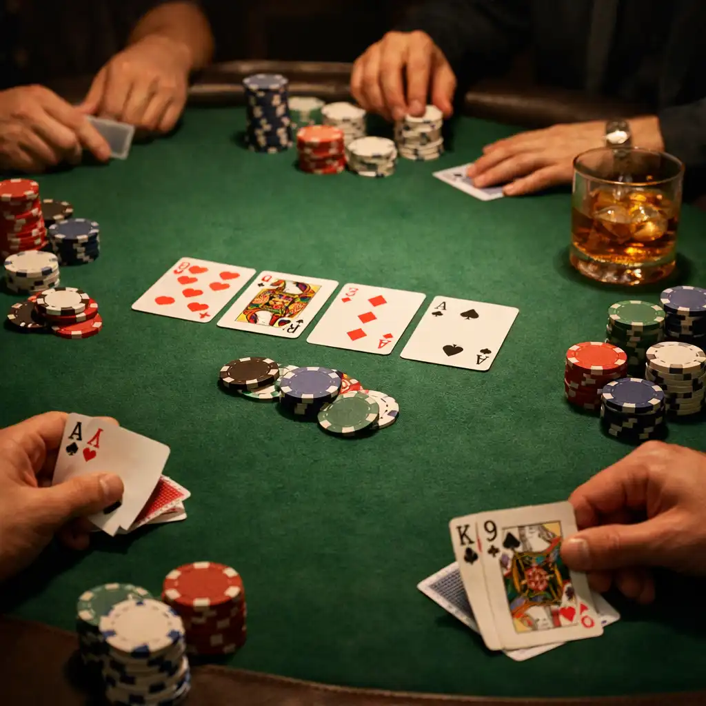 Table de poker en feutre vert avec cartes, jetons et mains de joueurs