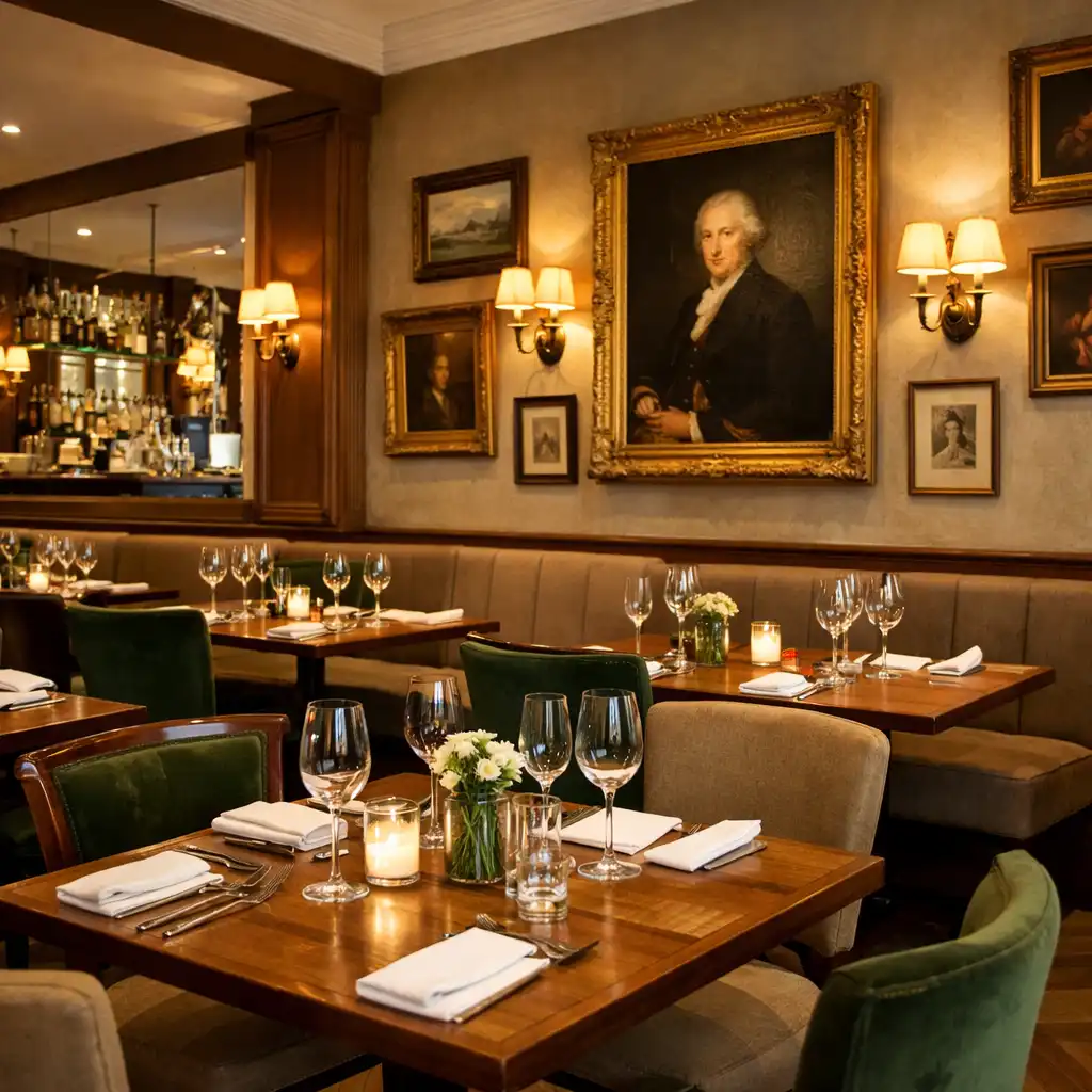 Vue de la salle du restaurant Cercle Monceau avec tables en bois et éclairage doux