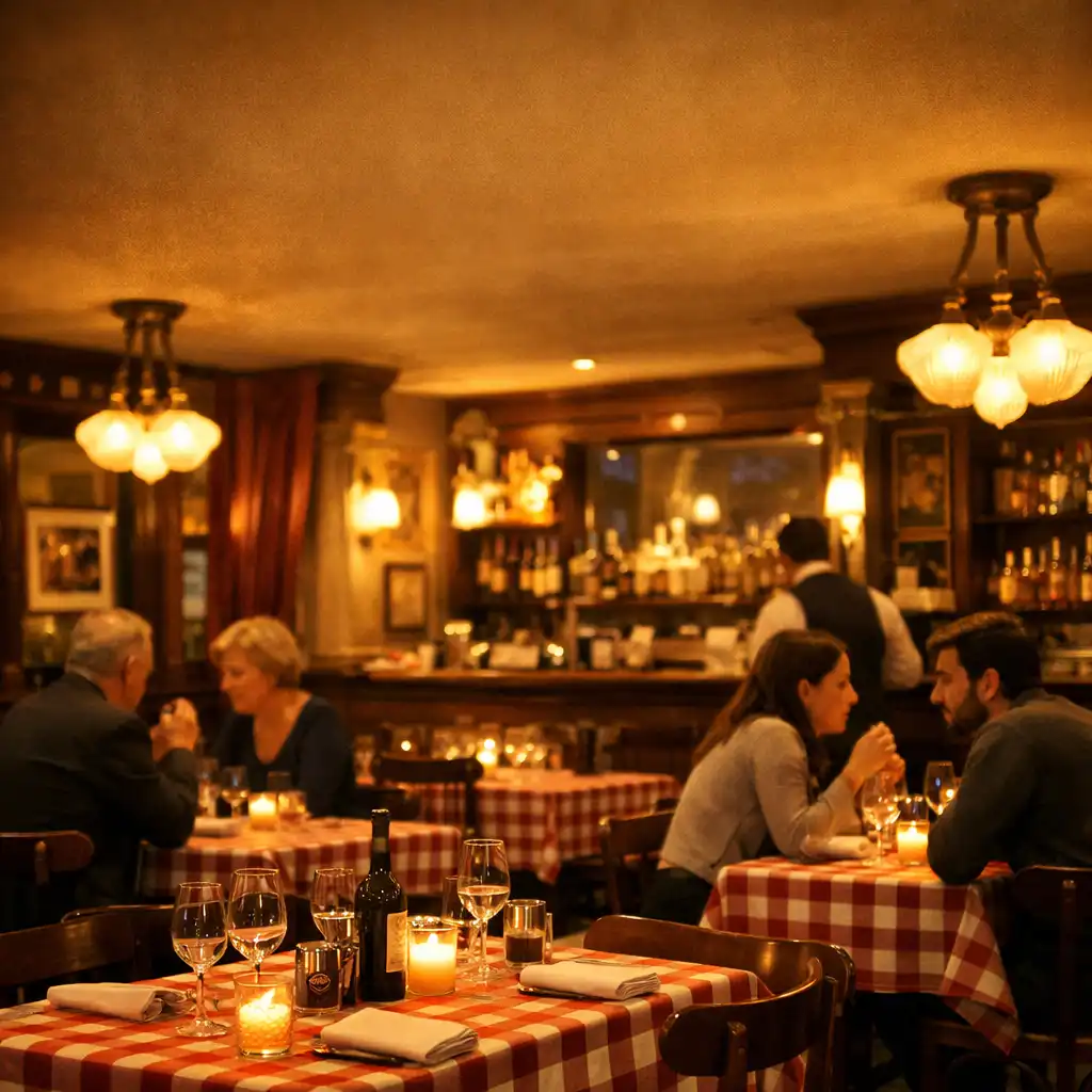 Salle chaleureuse du restaurant Cercle Monceau avec tables en bois et éclairage tamisé