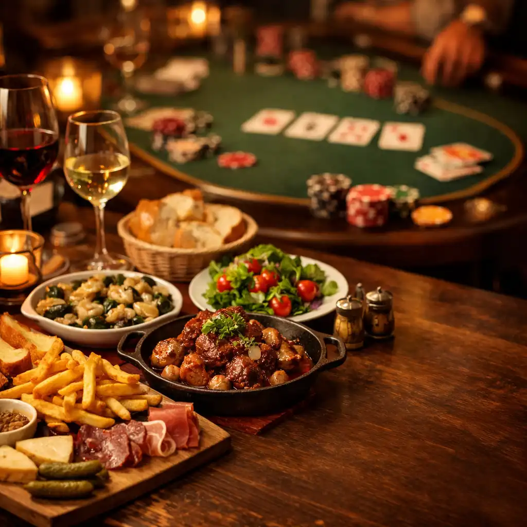 Table de restaurant parisienne chaleureuse avec plats partagés et table de poker en arrière-plan