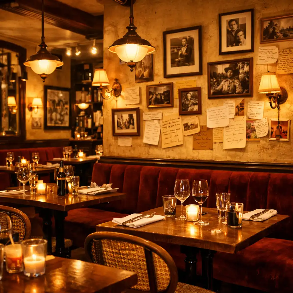 Salle de restaurant du Cercle Monceau avec tables en bois, banquettes et éclairage tamisé