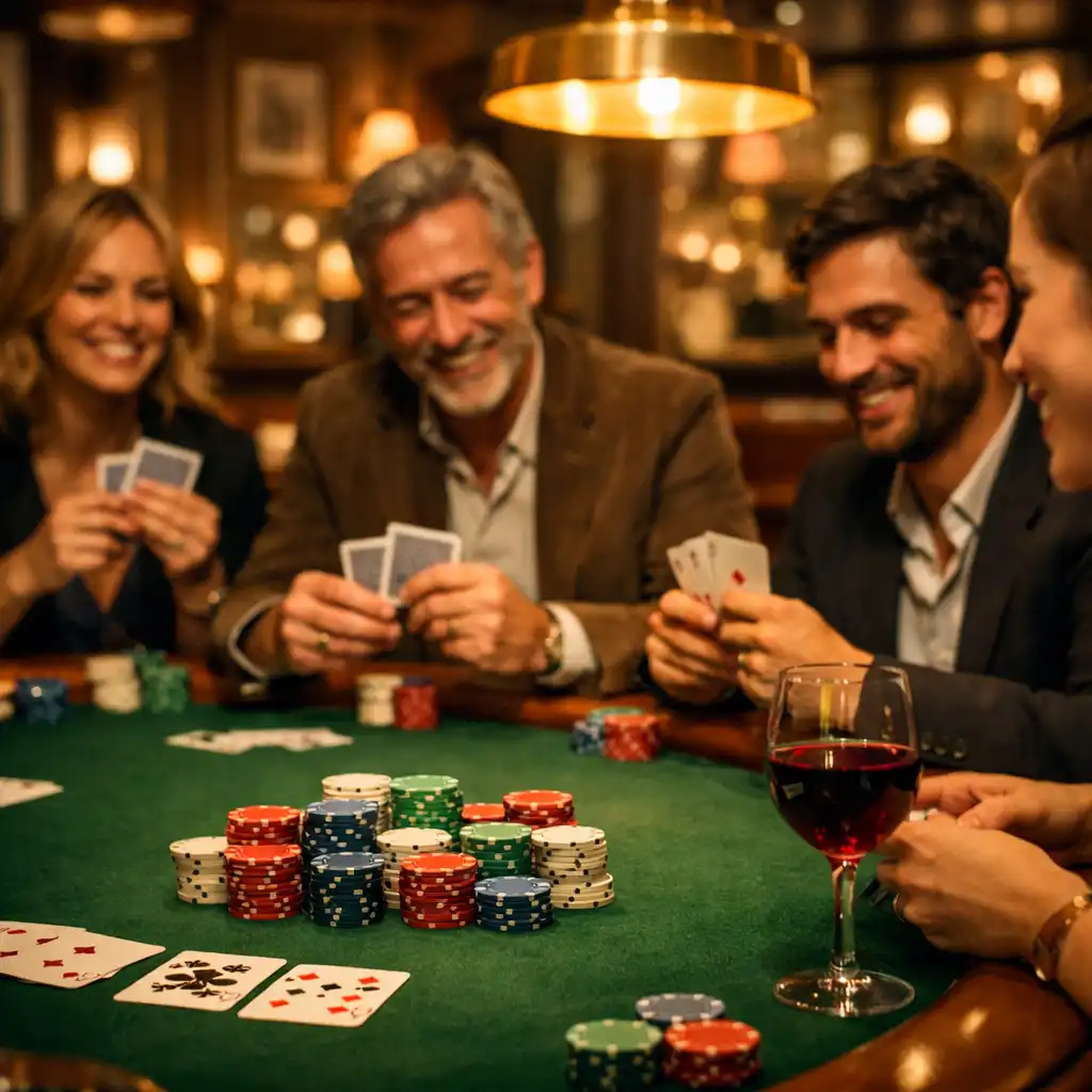 Table de poker dans le restaurant Cercle Monceau avec des joueurs souriants et des jetons colorés