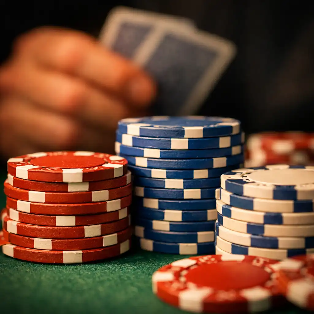 Gros plan sur des jetons de poker colorés empilés sur un tapis vert