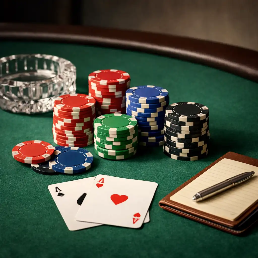 Table de poker avec tapis vert, cartes et jetons empilés