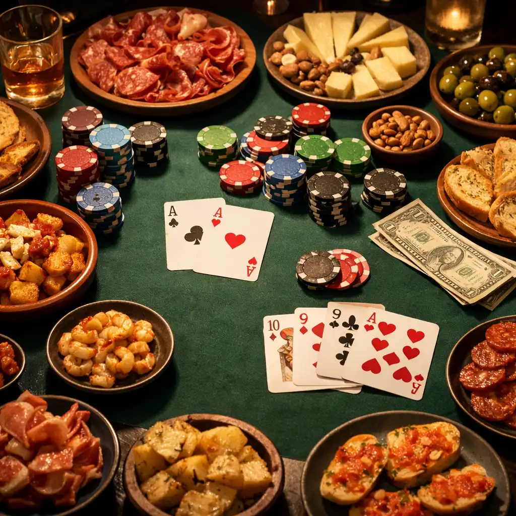 Table de poker avec jetons, cartes et assiettes de tapas variées