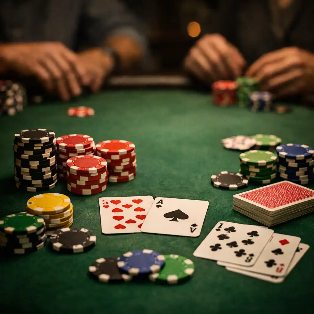 Table de poker professionnelle avec tapis vert, jetons colorés et cartes à jouer