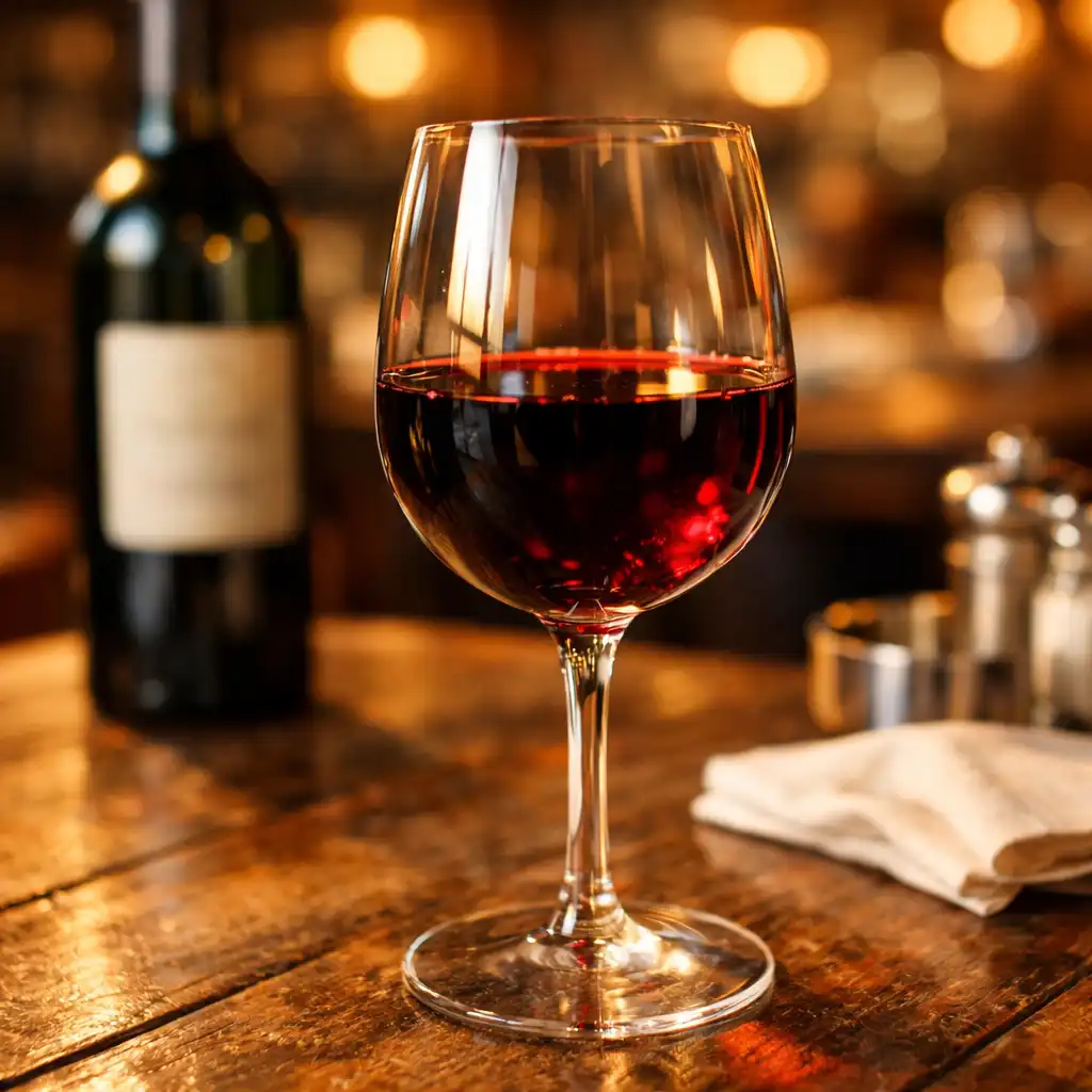 Verre de vin rouge posé sur une table en bois rustique